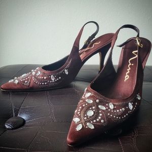 Nina heels, size 6, brown satin with stones
